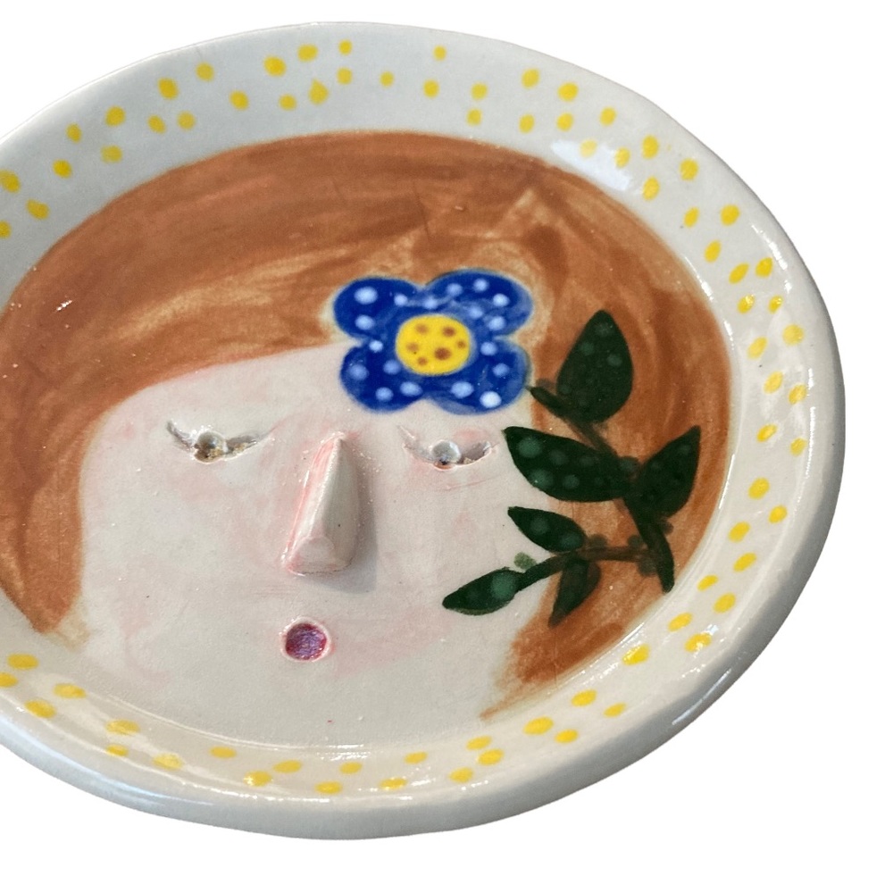 Hand Painted Jewelry Tray Ceramic Girls Face Floral